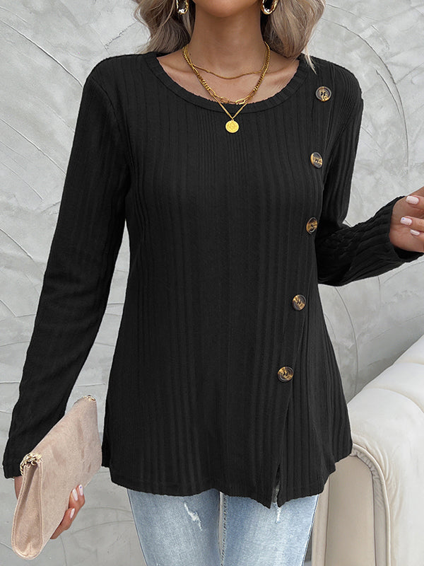 Long Sleeves Loose Buttoned Split-Front Split-Joint Round-Neck T-Shirts Tops