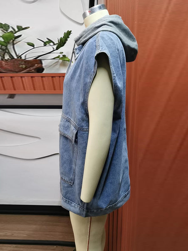 Loose Sleeveless Buttoned Detachable Hooded Pockets Split-Joint Lapel Collar Vest Outerwear