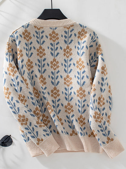 Long Sleeves Loose Knitted Flower Split-Joint Round-Neck Pullovers Sweater Tops