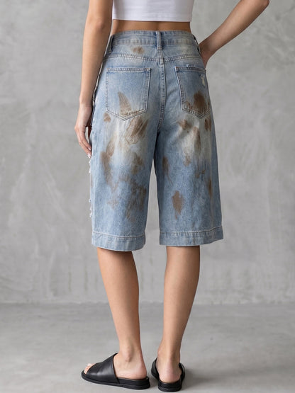 Cropped High Waisted Buttoned Hollow Pockets Split-Joint Jean Pants Bottoms