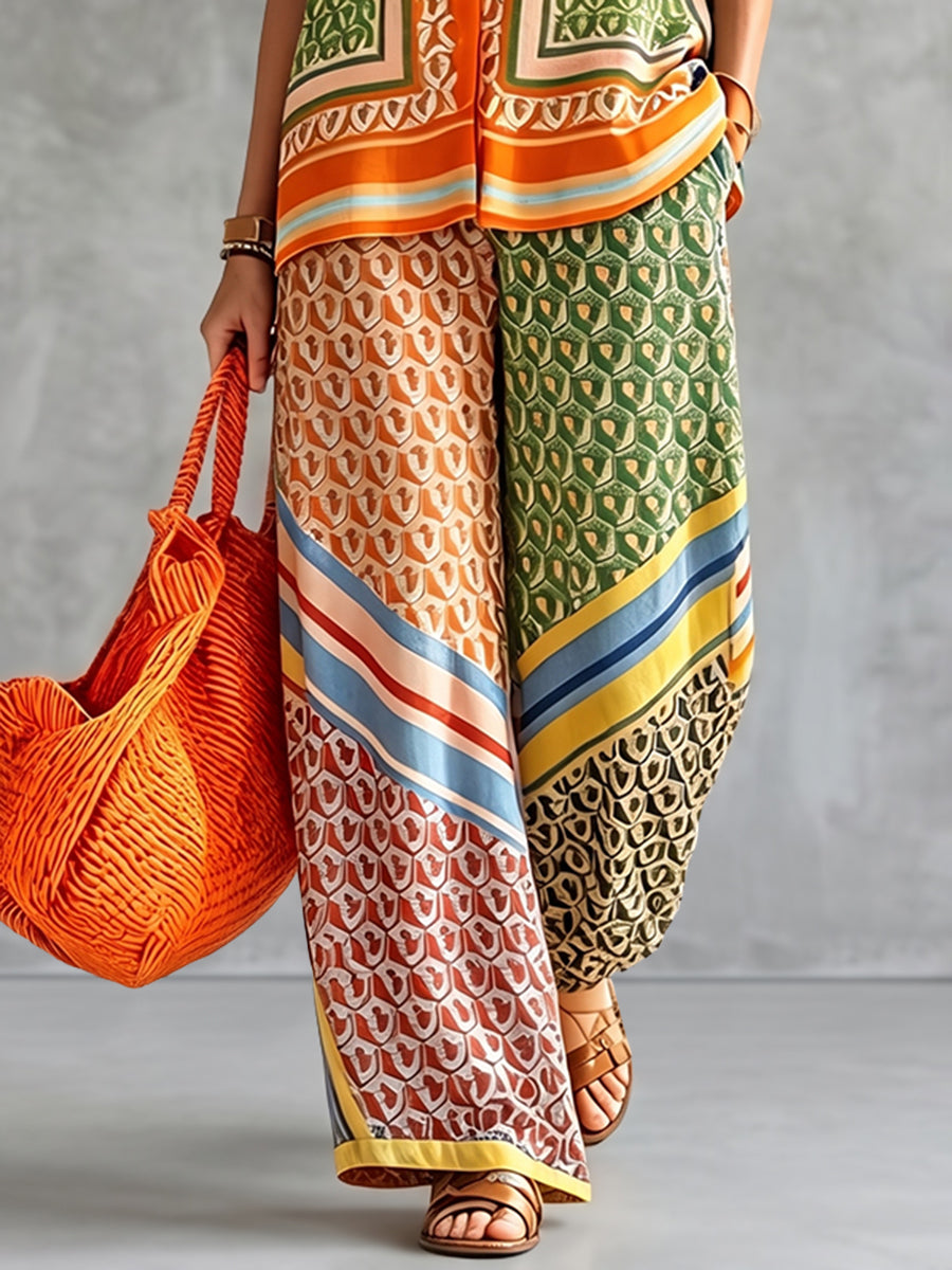 Loose Wide Leg Pockets Printed Pants Trousers