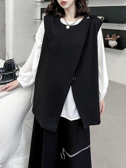 Loose Sleeveless Asymmetric Zipper Round-Neck Vest Top