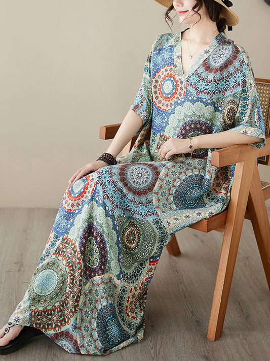 Loose Short Sleeves Ethnic Printed V-Neck Maxi Dresses