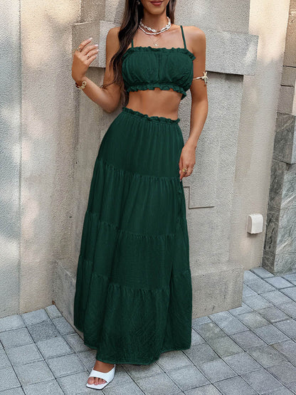 Solid Color Pleated Cropped Ruffled Spaghetti-Neck + A-Line Skirts Bottoms Top Two Pieces Set