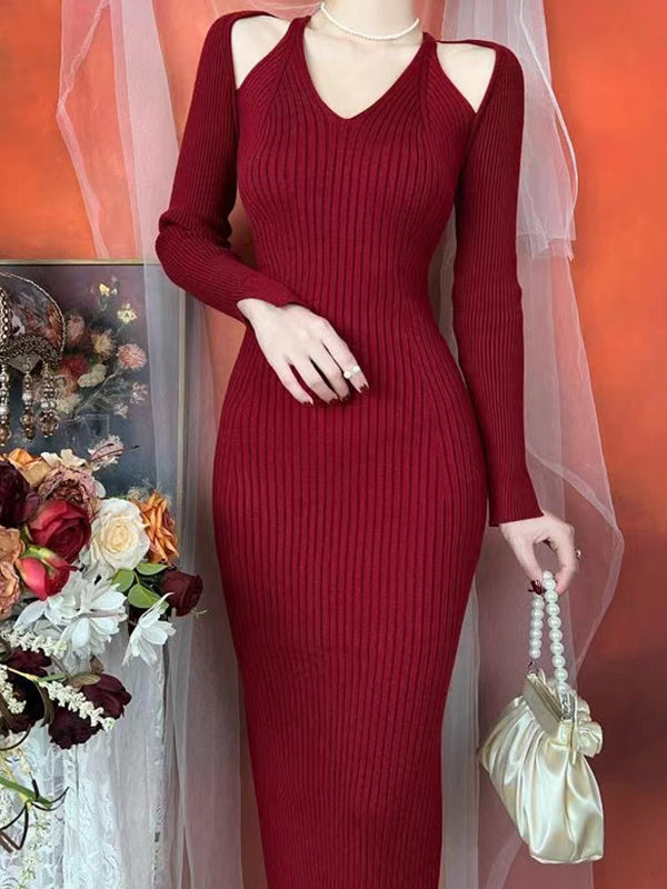 High Waisted Long Sleeves Hollow Solid Color Split-Side V-Neck Midi Dresses Sweater Dresses