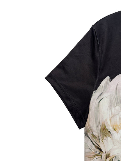 Short Sleeves Contrast Color Flower Print Round-Neck T-Shirts Tops