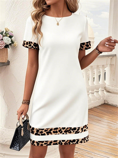 Bodycon Loose Contrast Color Leopard Split-Joint Round-Neck Mini Dresses