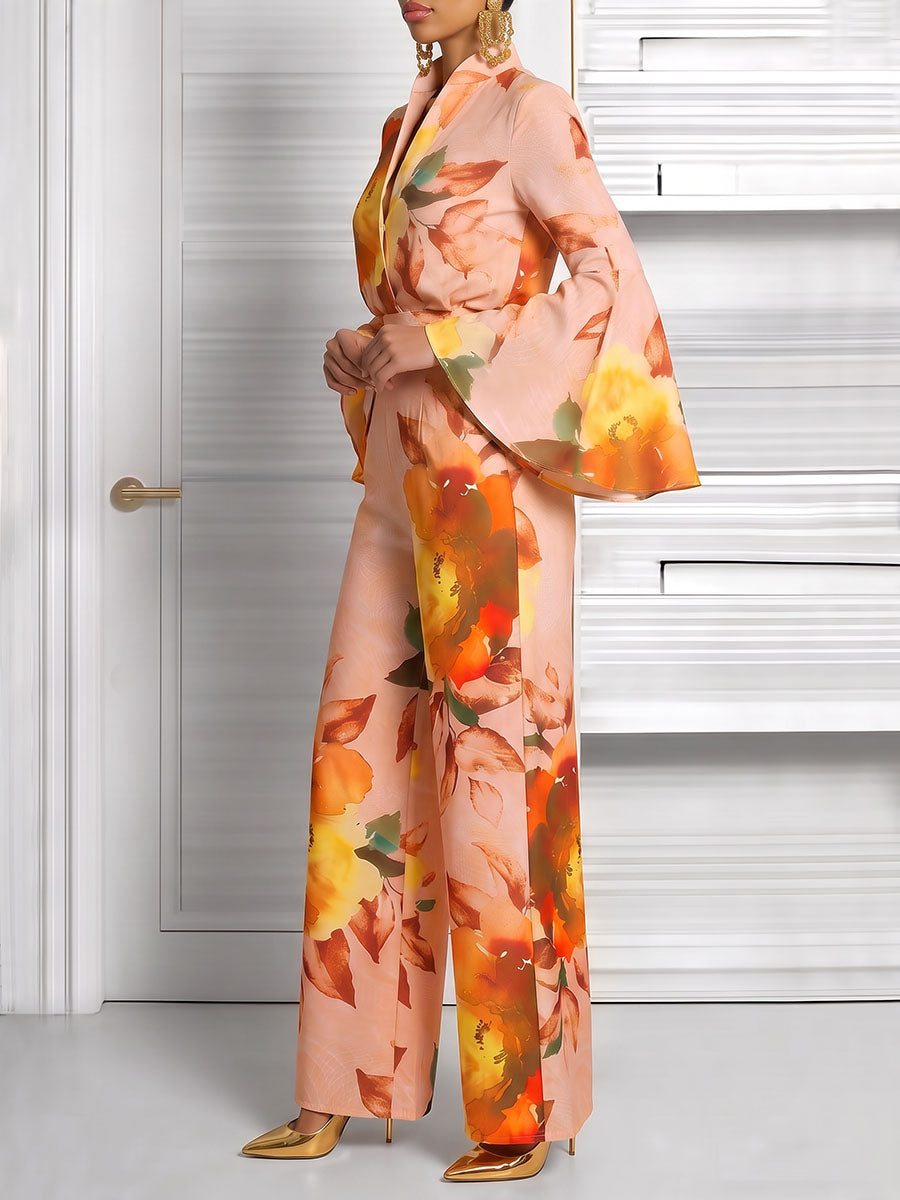 Pockets Flower Print Elasticity Contrast Color Wide Leg High Waisted Trousers Pants