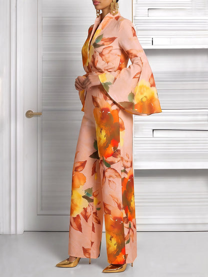 Pockets Flower Print Elasticity Contrast Color Wide Leg High Waisted Trousers Pants