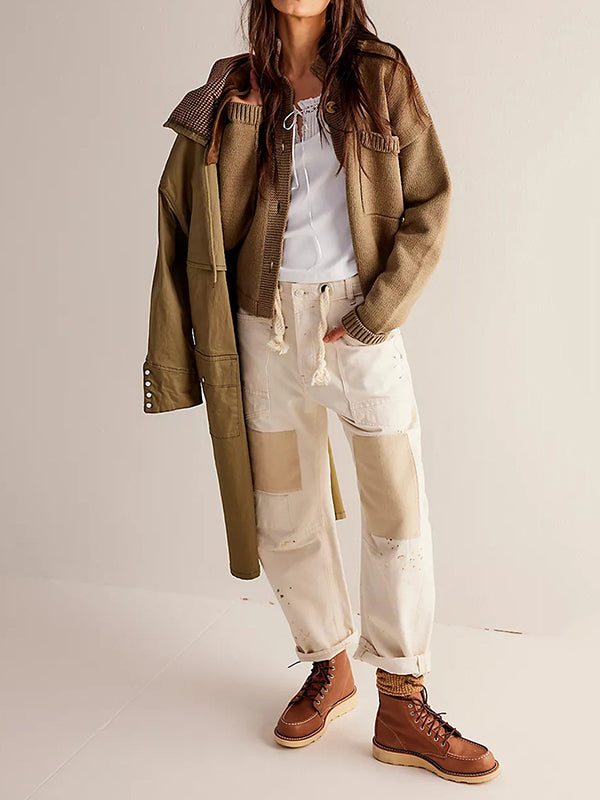 Long Sleeves Loose Buttoned Pockets Solid Color Split-Joint Stand Collar Cardigan Tops
