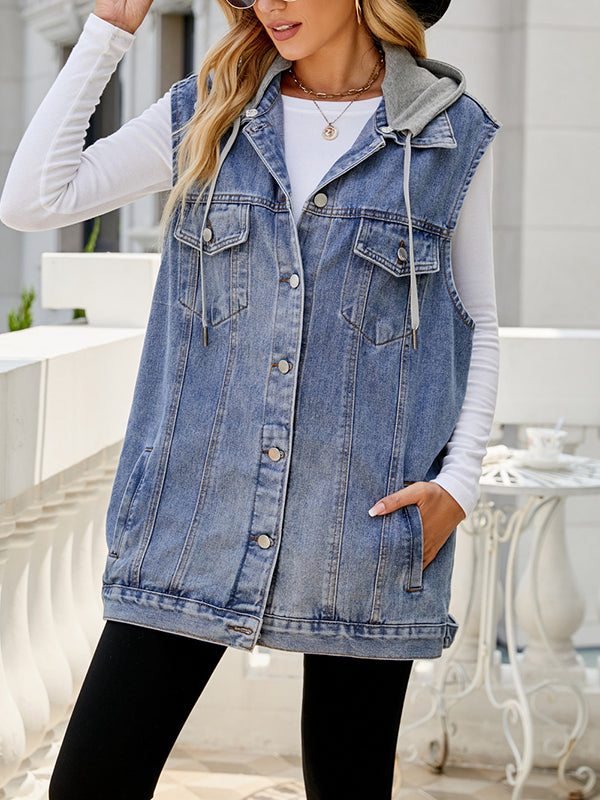 Loose Sleeveless Buttoned Detachable Drawstring Hooded Pockets Split-Joint Polo Vest Outerwear