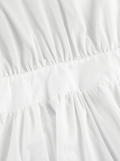 Elasticated Waist High Waisted Pleated Solid Color Split-Joint Tied Waist Round-Neck Blouses&Shirts Tops