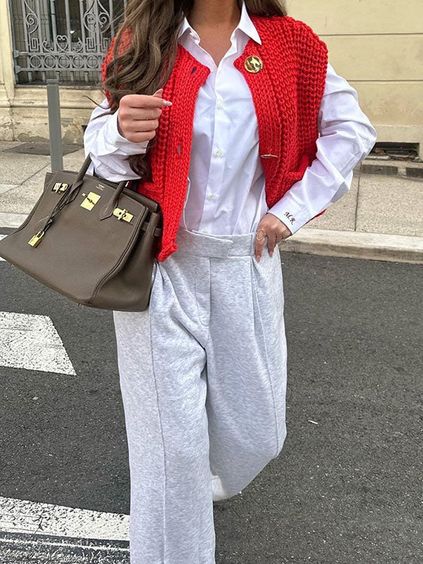 Loose Sleeveless Buttoned Pockets V-Neck Vest Outerwear