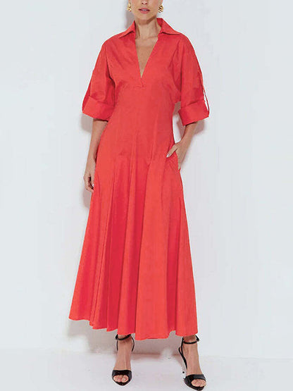 A-Line High Waisted Pleated Solid Color V-Neck Maxi Dresses Shirt Dress