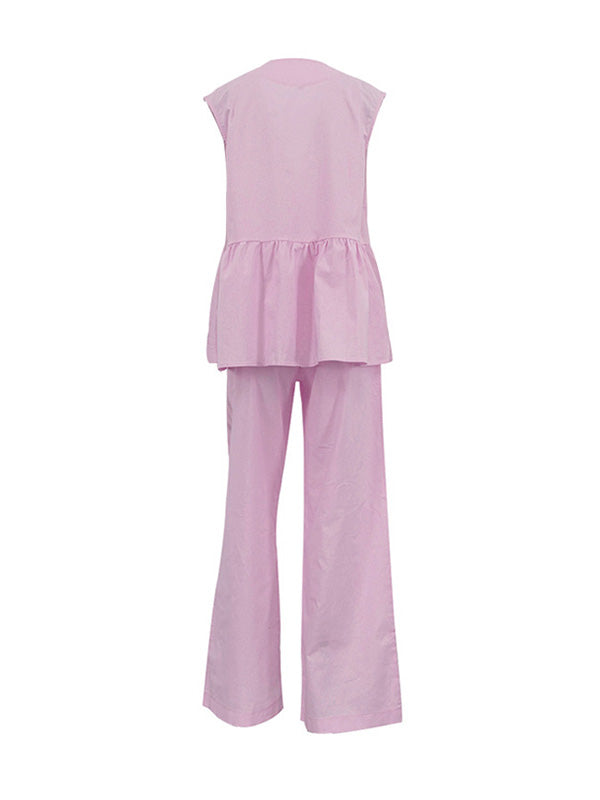 Loose Split-Joint Sleeveless Pleated V-Neck Vest + Pants Trousers Two Pieces Set