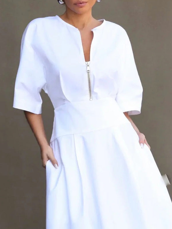 Half Sleeves Loose Solid Color Zipper Round-Neck Maxi Dresses