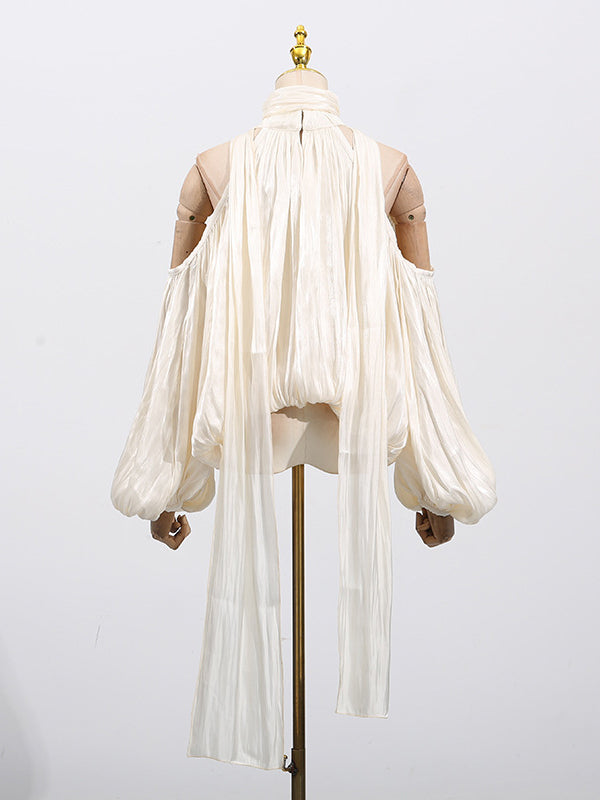 Long Sleeves Loose Pleated Solid Color Tied Halter-Neck Blouses&Shirts Tops