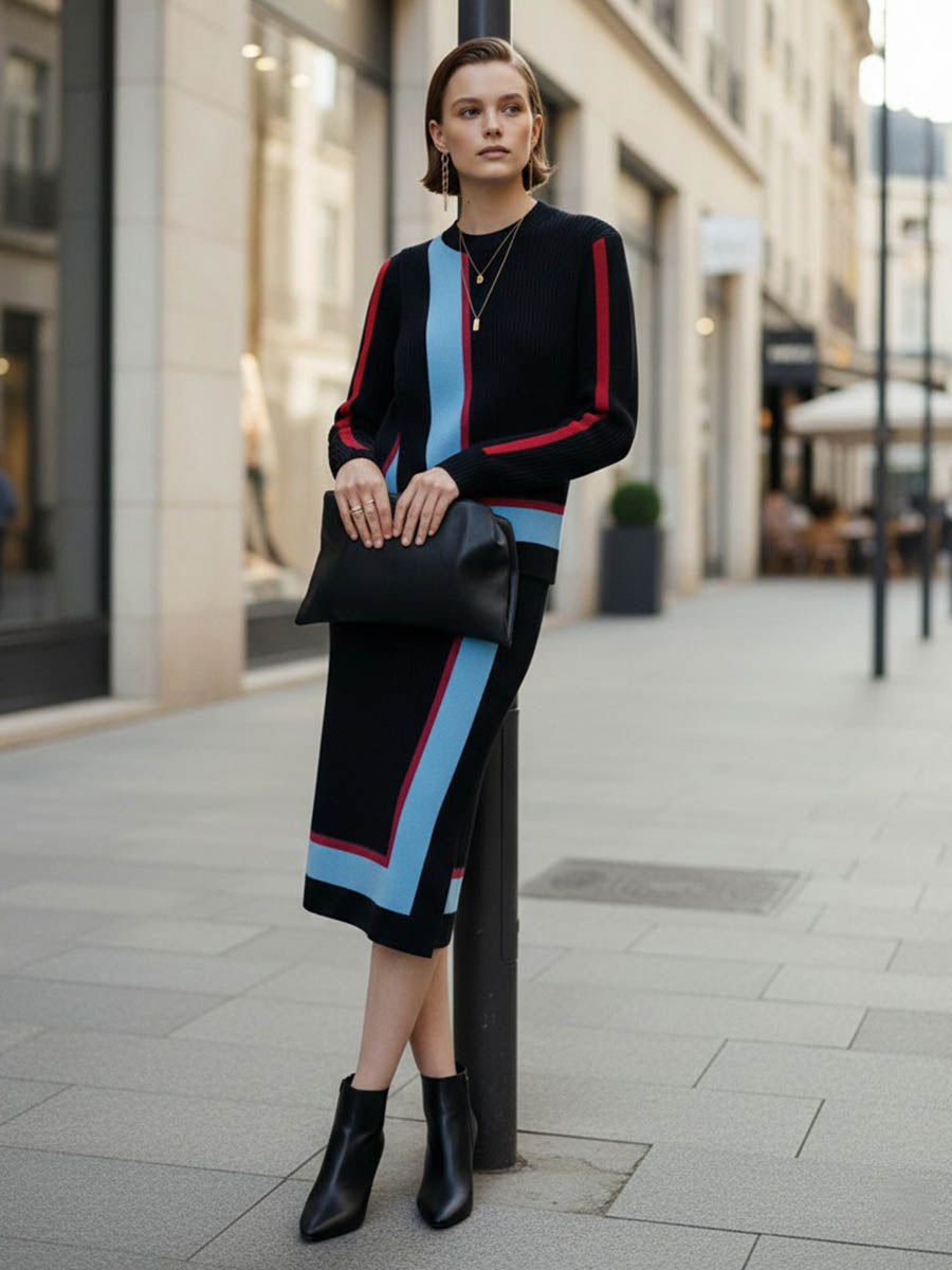 Irregularity Long Sleeves Abstract Printed Asymmetric Contrast Color Ribs Split-Joint Round-Neck Sweater Tops