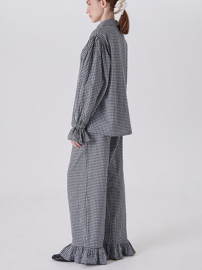 Loose  Contrast Color Plaid Ruffled Split-Joint  Long Sleeves Buttoned Lapel Blouses&Shirts Tops + Pants Two Pieces Set