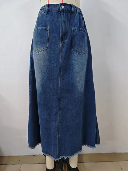 A-Line Loose Buttoned Elasticity Fringed Pockets Split-Joint Skirts Bottoms