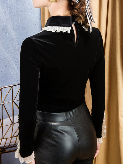 Long Sleeves Skinny Hollow Ruffled Peter Pan Collar T-Shirts Tops