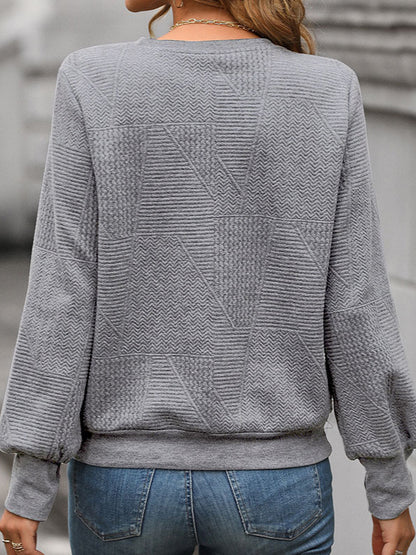 Long Sleeves Loose Jacquard Solid Color Round-Neck Sweatshirt Tops