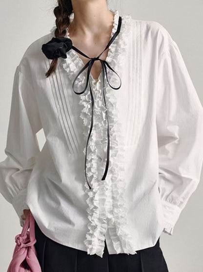 Long Sleeves Loose Buttoned Pleated Ruffled Solid Color V-Neck Blouses&Shirts Tops