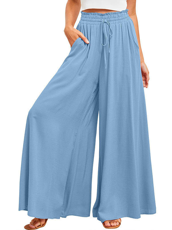 High Waisted Loose Drawstring Elasticity Pockets Solid Color Pants Trousers