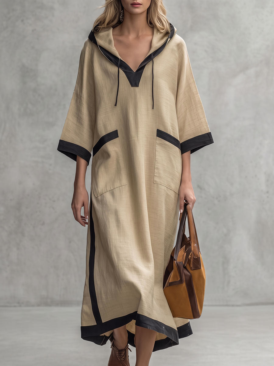 Pockets Drawstring Contrast Color Three-quarter Sleeves Loose Hooded Midi Dresses