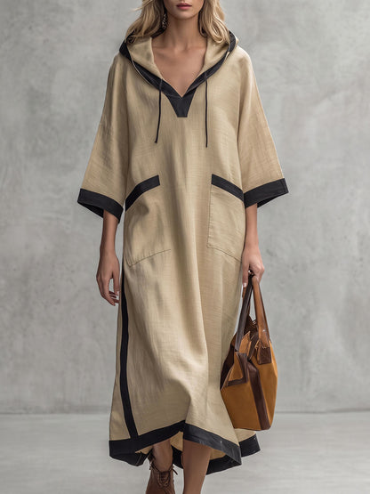 Pockets Drawstring Contrast Color Three-quarter Sleeves Loose Hooded Midi Dresses