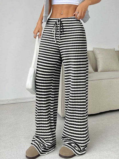 Elasticated Waist High Waisted Contrast Color Drawstring Split-Joint Striped Pants