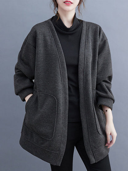 Long Sleeves Loose Pockets Solid Color Collarless Outerwear