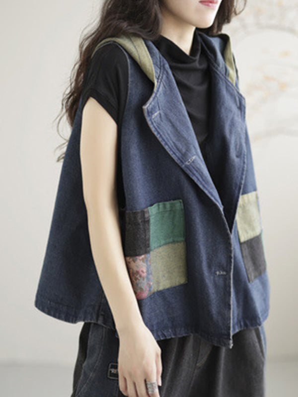 Artistic Retro Loose Denim Sleeveless Buttoned Contrast Color Hooded Vest Outerwear