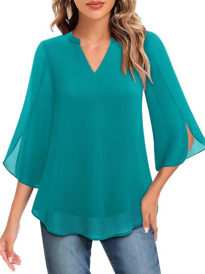 Half Sleeves Loose Solid Color V-Neck Blouses&Shirts Tops