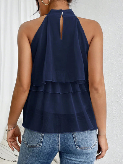 Sleeveless Hollow Ruffle Trim Solid Color Split-Joint Halter-Neck Tank Top