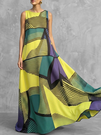 A-Line Sleeveless Contrast Color Striped Zipper Round-Neck Maxi Dresses