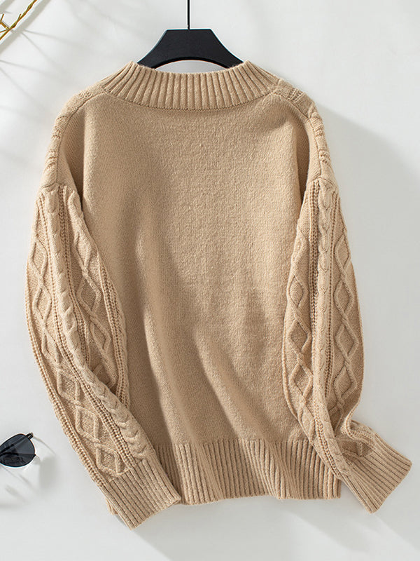 Long Sleeves Loose Solid Color Split-Joint V-Neck Pullovers Sweater Tops