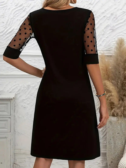 A-Line Half Sleeves Polka-Dot See-Through Solid Color Split-Joint Round-Neck Mini Dresses