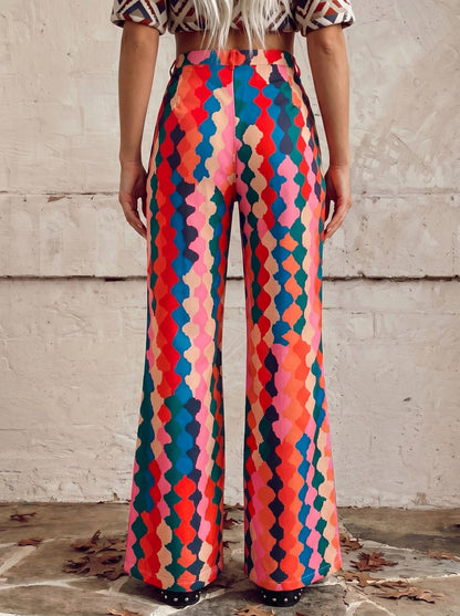 High Waisted Plus Size Buttoned Pockets Printed Pants Trousers