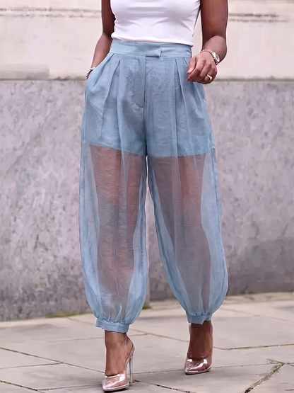 Split-Joint Solid Color Pockets Pleated Buttoned High Waisted Trousers Pants