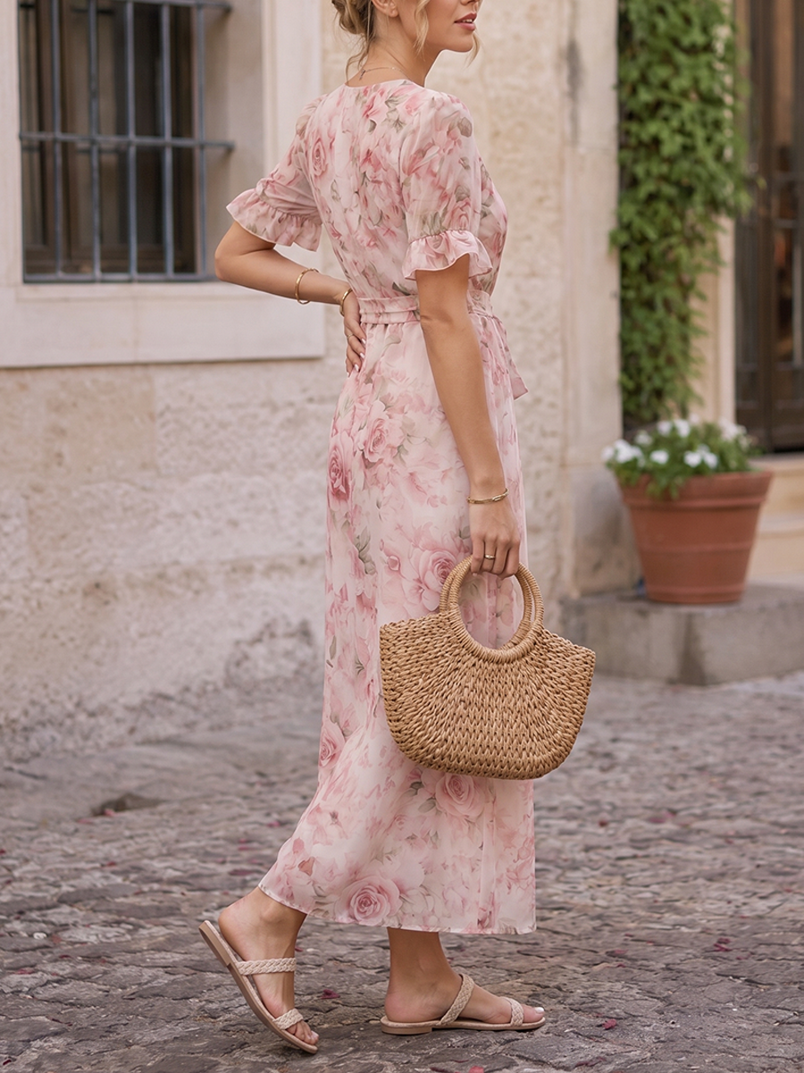 Tied Waist Split-Joint Ruffled Flower Print Contrast Color Short Sleeves Loose Deep V-Neck Maxi Dresses