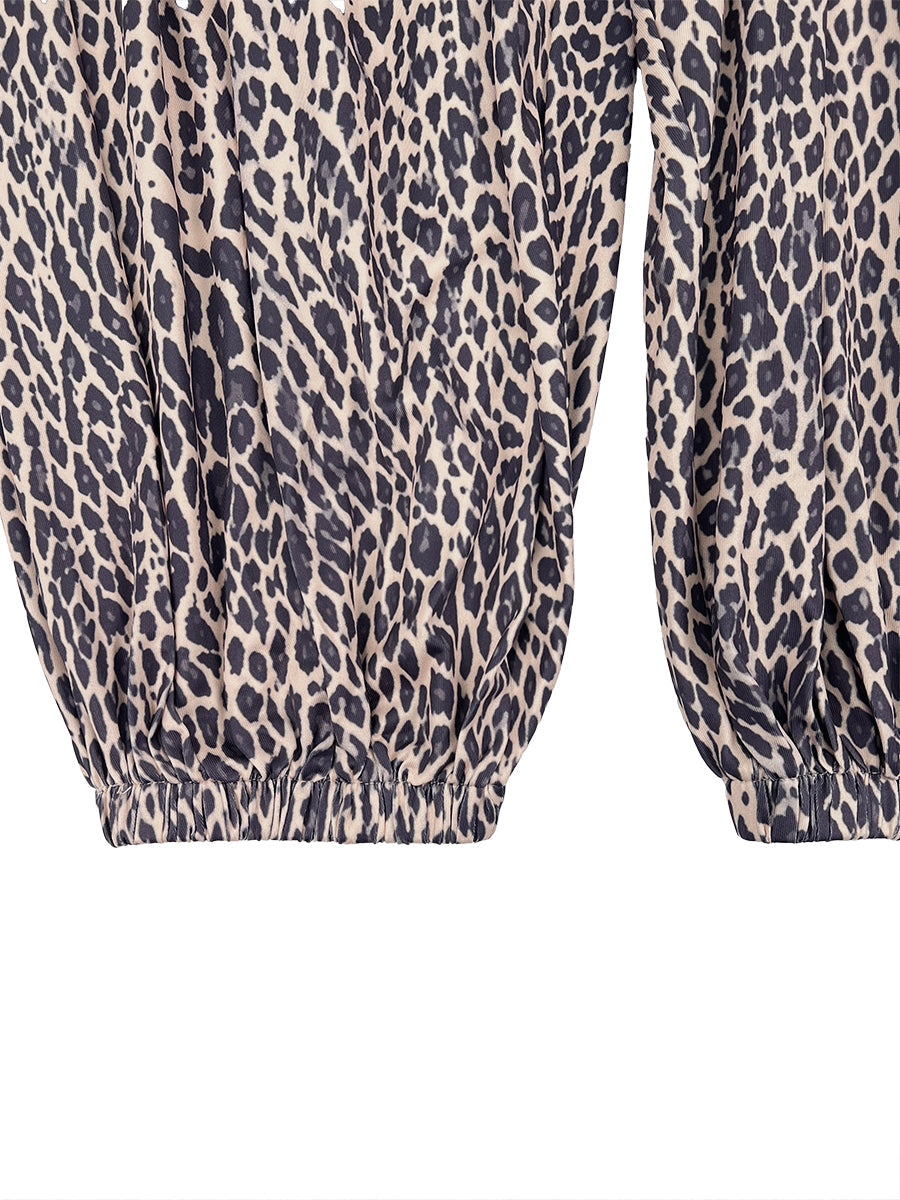 High Waisted Loose Contrast Color Leopard Pleated Pockets Split-Joint Zipper Hooded Anklets Jumpsuits