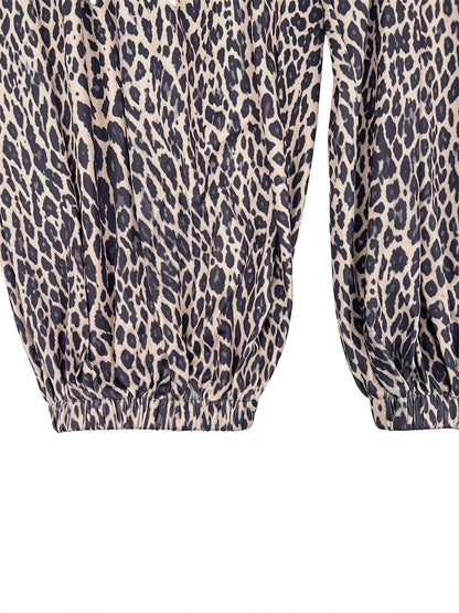 High Waisted Loose Contrast Color Leopard Pleated Pockets Split-Joint Zipper Hooded Anklets Jumpsuits