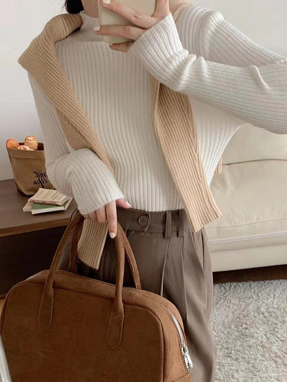 Long Sleeves Skinny Solid Color High-Neck Knitwear Pullovers Sweater Tops