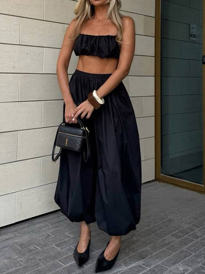 Elasticated Waist High Waisted Drawstring Pleated Solid Color Ankle-Tied Pants