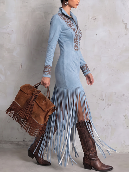Zipper Tasseled Split-Joint Printed Contrast Color Long Sleeves Irregularity V-neck Maxi Dresses