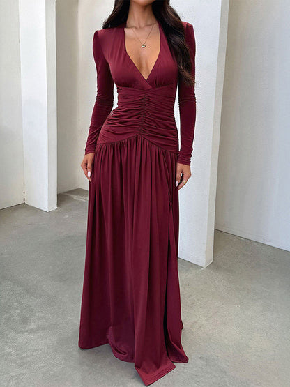 A-Line Bodycon Pleated Solid Color Split-Joint Split-Side Deep V-Neck Maxi Dresses