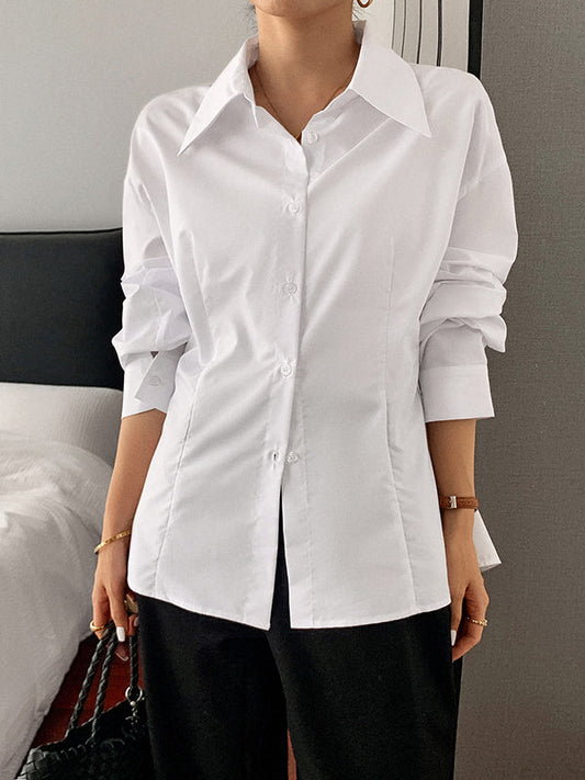 Long Sleeves Loose Buttoned Solid Color Lapel Blouses&Shirts Tops