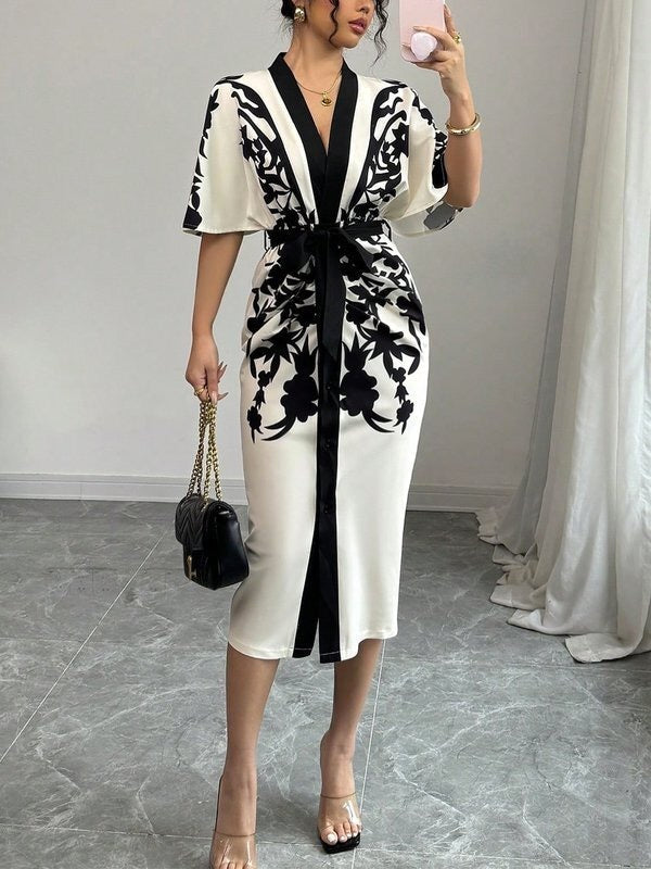 Half Sleeves Flower Print Printed Tied Waist V-Neck Midi Dresses