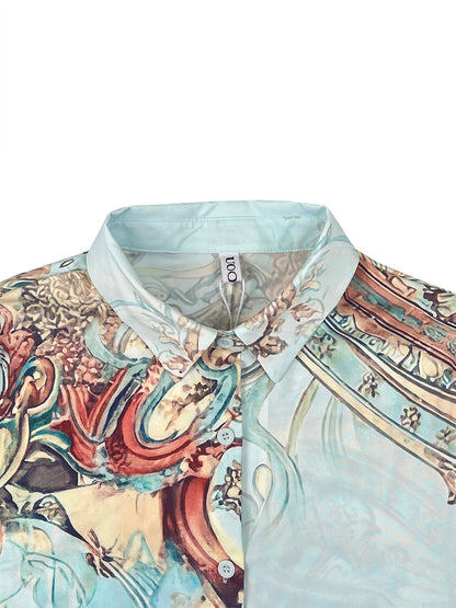 Long Sleeves Loose Buttoned Contrast Color Pockets Printed Lapel Maxi Dresses Shirt Dress